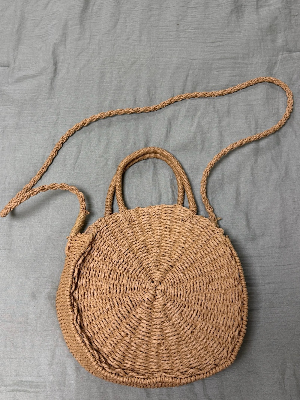Woven Round Straw Crossbody Bag - Tan